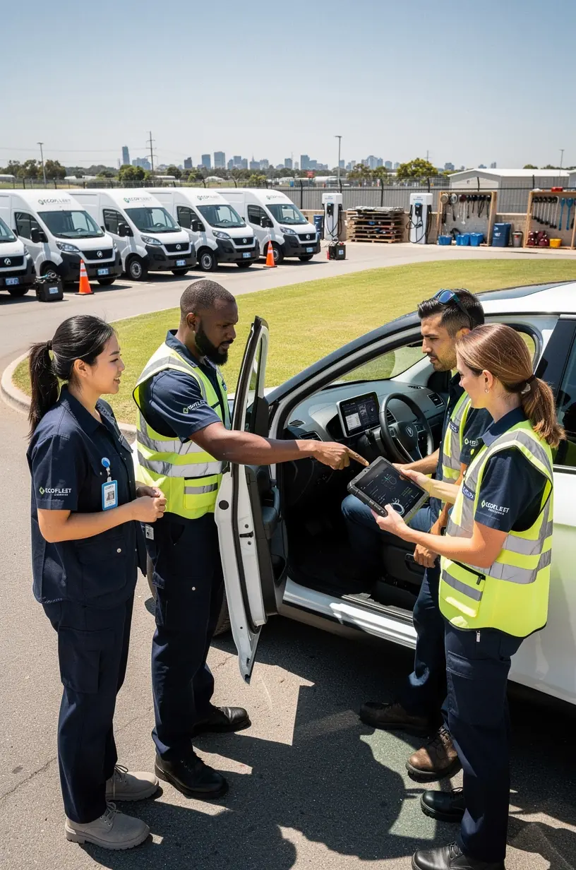Technicians collaborating over diagnostic equipment with multiple fleet vehicles in the background.