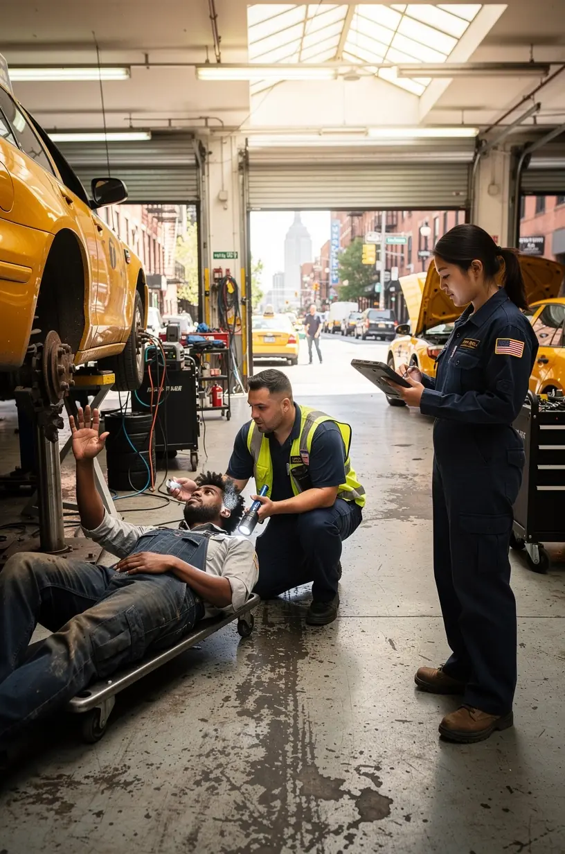 Wide view of a fleet maintenance garage with various commercial vehicles lined up for service.