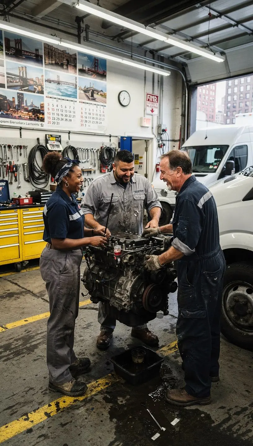 Technician performing brake check on a yellow taxi in a commercial vehicle service center.